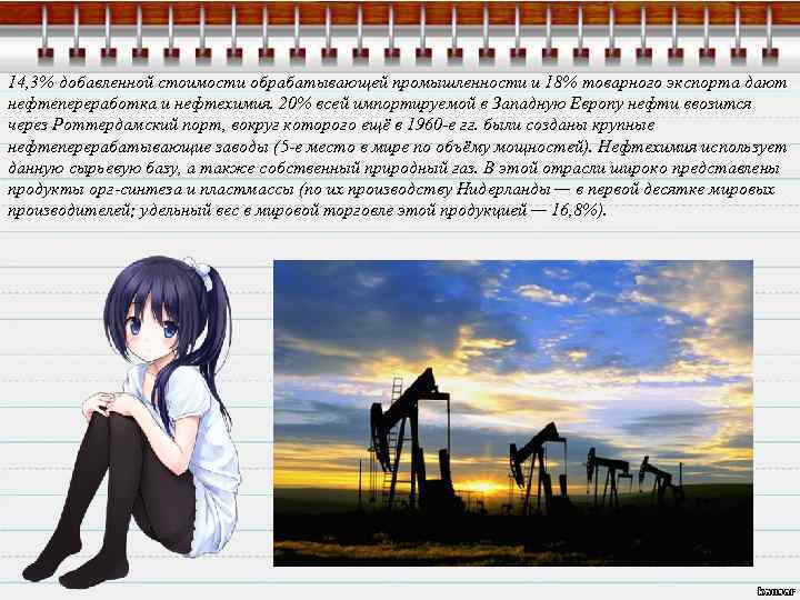 14, 3% добавленной стоимости обрабатывающей промышленности и 18% товарного экспорта дают нефтепереработка и нефтехимия.