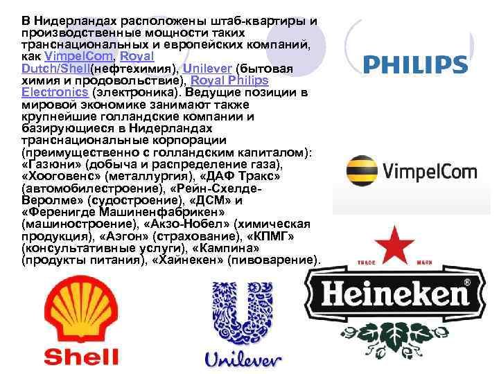 В Нидерландах расположены штаб-квартиры и производственные мощности таких транснациональных и европейских компаний, как Vimpel.