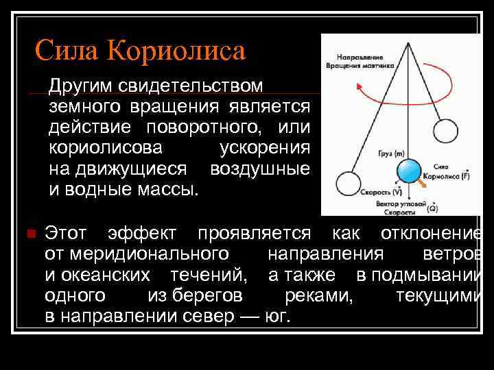 Сила Кориолиса Другим свидетельством земного вращения является действие поворотного, или кориолисова ускорения на движущиеся