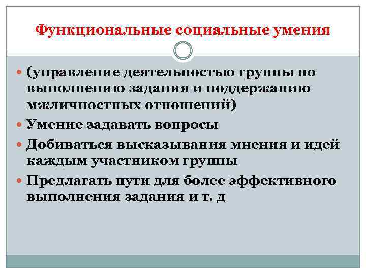 Функциональные социальные умения (управление деятельностью группы по выполнению задания и поддержанию мжличностных отношений) Умение