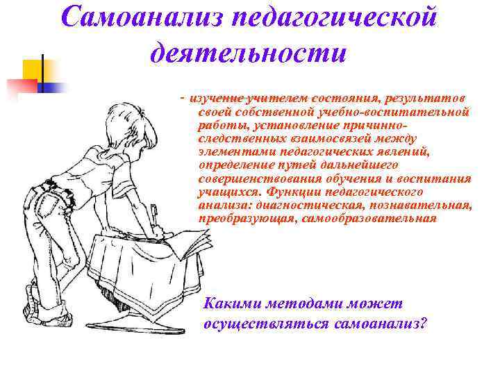 Самоанализ педагогической деятельности - изучение учителем состояния, результатов своей собственной учебно-воспитательной работы, установление причинноследственных