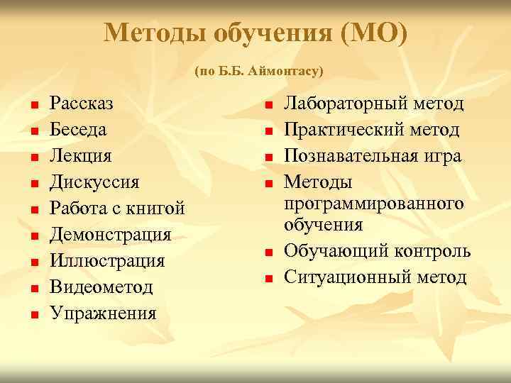 Методы обучения (МО) (по Б. Б. Аймонтасу) n n n n n Рассказ Беседа