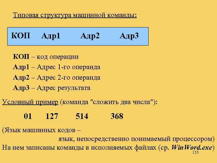 Типовая структура машинной команды: КОП Адр1 Адр2 Адр3 КОП – код операции Адр1 –