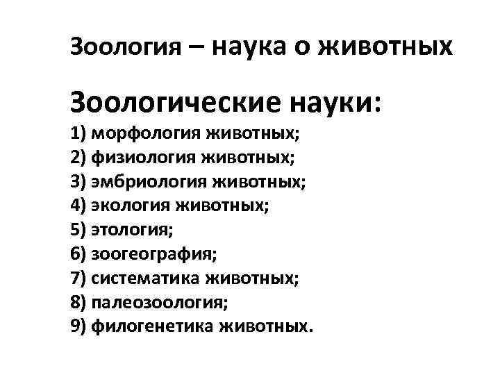 Зоология – наука о животных Зоологические науки: 1) морфология животных; 2) физиология животных; 3)