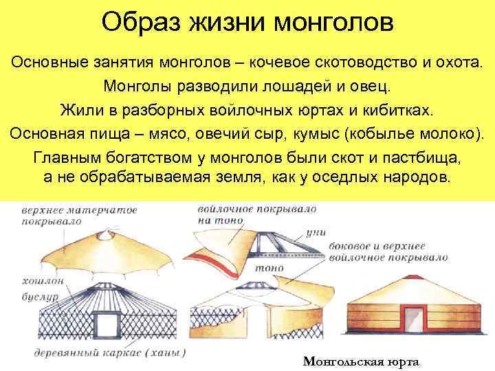 Образ жизни монголов Основные занятия монголов – кочевое скотоводство и охота. Монголы разводили лошадей