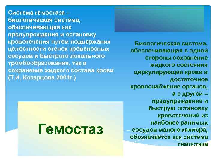 Система гемостаза – биологическая система, обеспечивающая как предупреждения и остановку кровотечения путем поддержания целостности