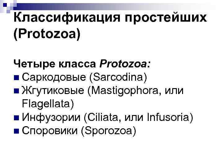 Классификация простейших (Рrotozoa) Четыре класса Protozoa: n Саркодовые (Sarcodina) n Жгутиковые (Mastigophora, или Flagellata)