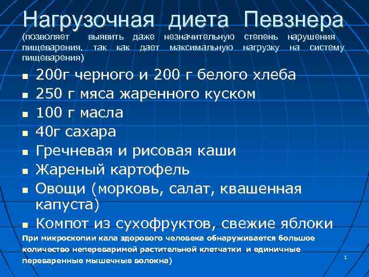 Нагрузочная диета Певзнера (позволяет выявить даже незначительную степень нарушения пищеварения, так как дает максимальную