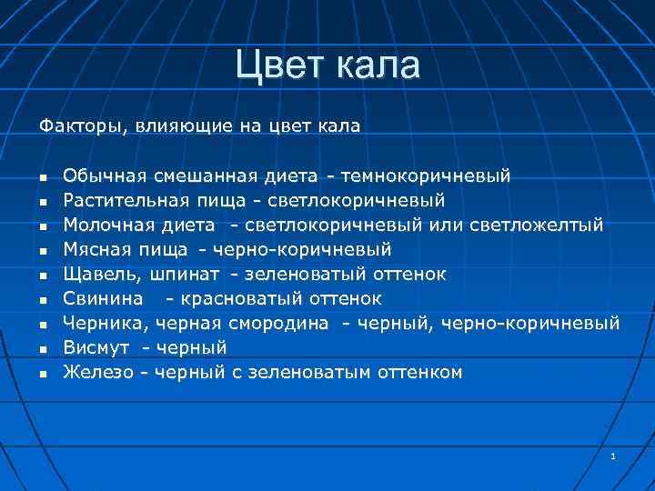Цвет кала Факторы, влияющие на цвет кала Обычная смешанная диета - темнокоричневый Растительная пища