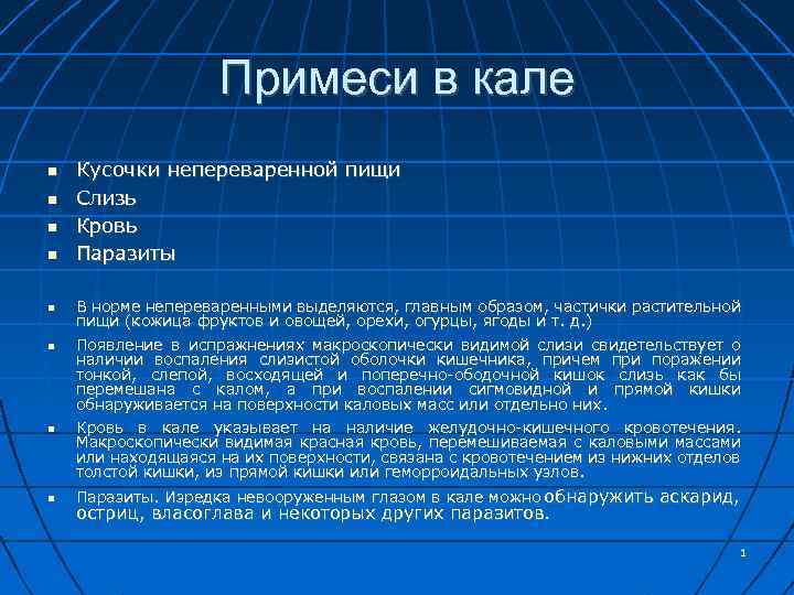 Примеси в кале Кусочки непереваренной пищи Слизь Кровь Паразиты В норме непереваренными выделяются, главным