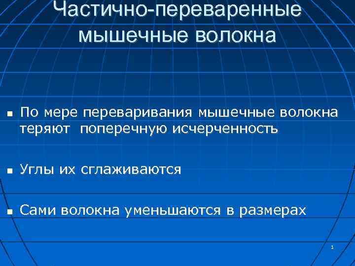 Частично-переваренные мышечные волокна По мере переваривания мышечные волокна теряют поперечную исчерченность Углы их сглаживаются