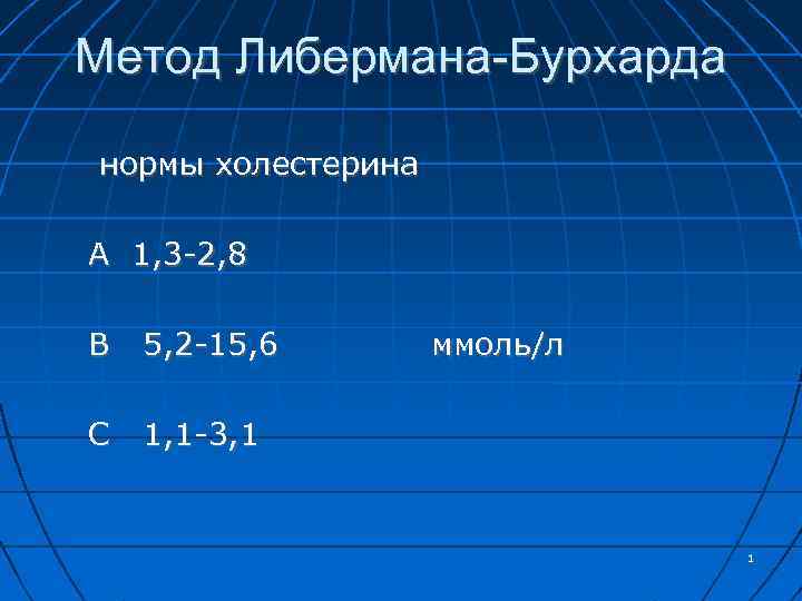 Метод Либермана-Бурхарда нормы холестерина А 1, 3 -2, 8 В 5, 2 -15, 6