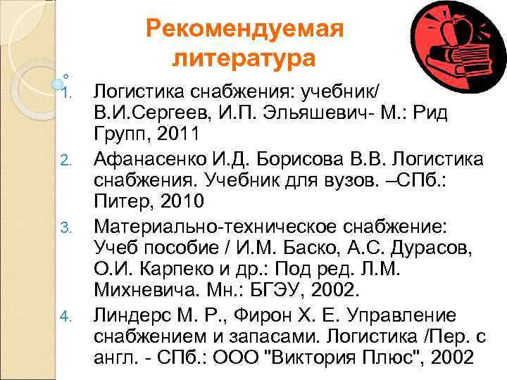 Рекомендуемая литература 1. 2. 3. 4. Логистика снабжения: учебник/ В. И. Сергеев, И. П.