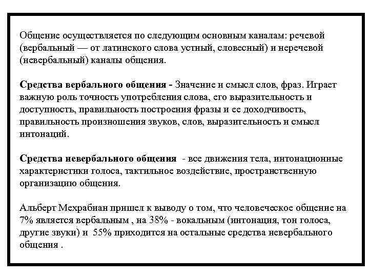 Общение осуществляется по следующим основным каналам: речевой (вербальный — от латинского слова устный, словесный)