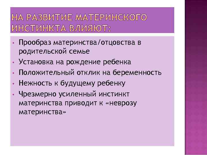  • • • Прообраз материнства/отцовства в родительской семье Установка на рождение ребенка Положительный