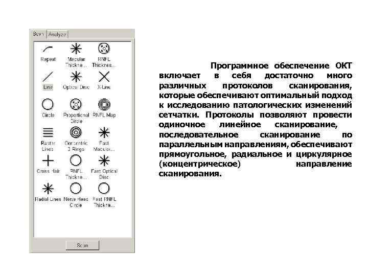Программное обеспечение ОКТ включает в себя достаточно много различных протоколов сканирования, которые обеспечивают оптимальный