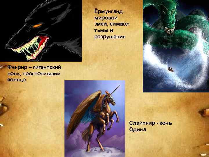 Ёрмунганд - мировой змей, символ тьмы и разрушения Фенрир – гигантский волк, проглотивший солнце
