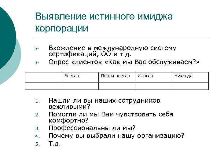Выявление истинного имиджа корпорации Ø Ø Вхождение в международную систему сертификаций, ОО и т.