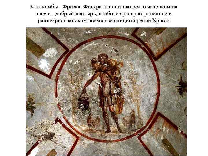 Катакомбы. Фреска. Фигура юноши-пастуха с ягненком на плече - добрый пастырь, наиболее распространенное в
