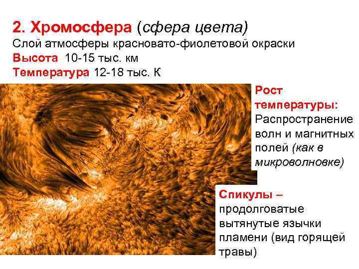2. Хромосфера (сфера цвета) Слой атмосферы красновато-фиолетовой окраски Высота 10 -15 тыс. км Температура