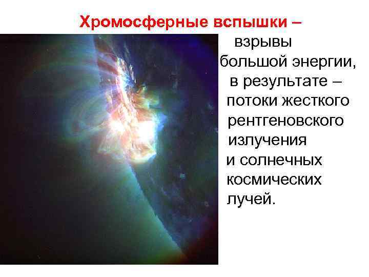 Хромосферные вспышки – взрывы большой энергии, в результате – потоки жесткого рентгеновского излучения и