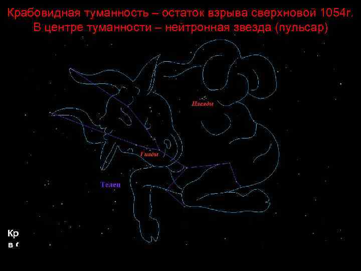 Крабовидная туманность – остаток взрыва сверхновой 1054 г. В центре туманности – нейтронная звезда