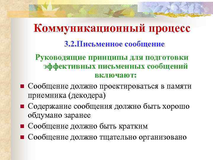 Коммуникационный процесс 3. 2. Письменное сообщение n n Руководящие принципы для подготовки эффективных письменных