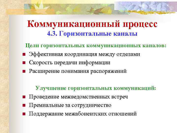Коммуникационный процесс 4. 3. Горизонтальные каналы Цели горизонтальных коммуникационных каналов: n Эффективная координация между