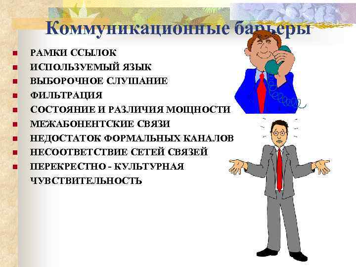 Коммуникационные барьеры n n n n n РАМКИ ССЫЛОК ИСПОЛЬЗУЕМЫЙ ЯЗЫК ВЫБОРОЧНОЕ СЛУШАНИЕ ФИЛЬТРАЦИЯ