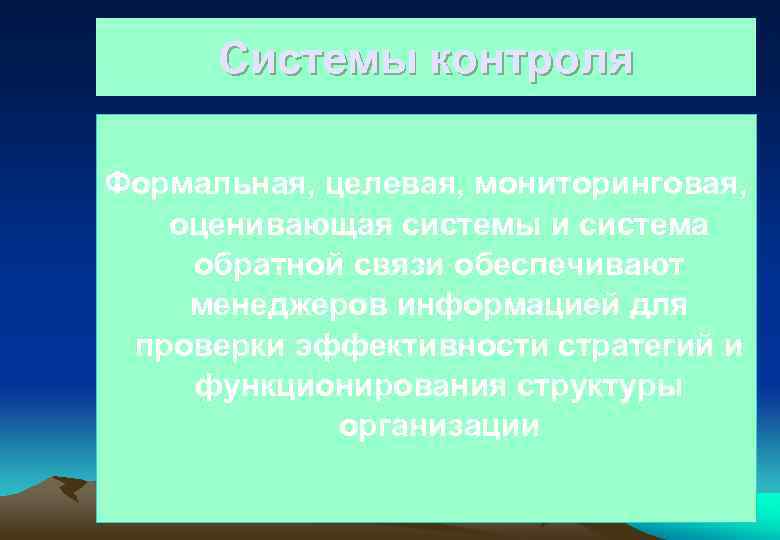 Системы контроля Формальная, целевая, мониторинговая, оценивающая системы и система обратной связи обеспечивают менеджеров информацией