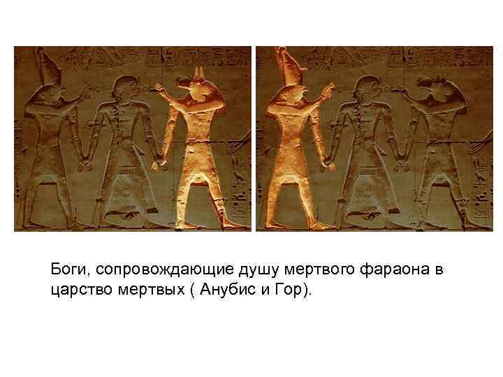 Боги, сопровождающие душу мертвого фараона в царство мертвых ( Анубис и Гор). 