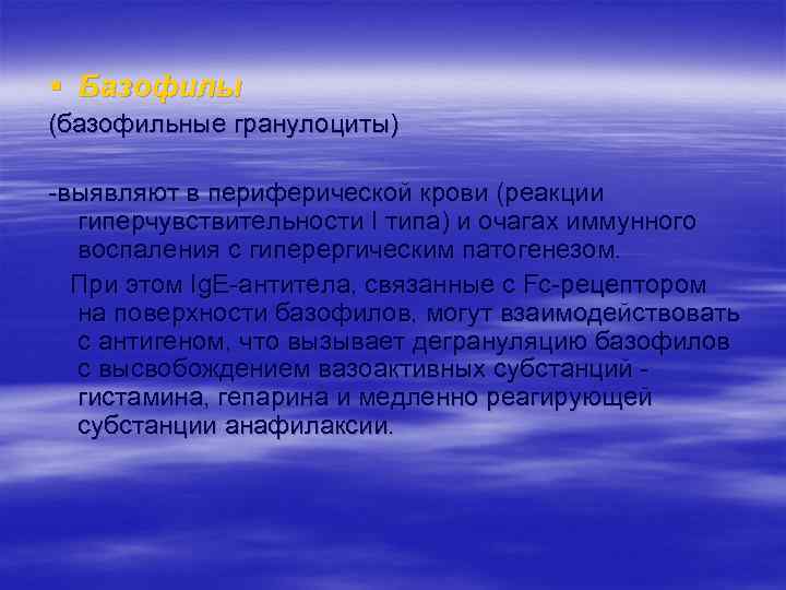 § Базофилы (базофильные гранулоциты) выявляют в периферической крови (реакции гиперчувствительности I типа) и очагах