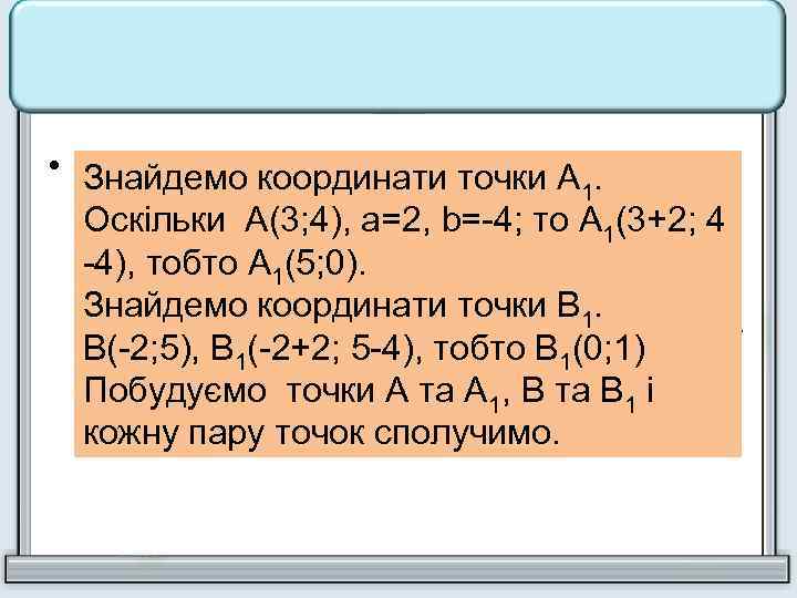  • Паралельне перенесення задається Знайдемо координати точки А 1. формулами х1 = х