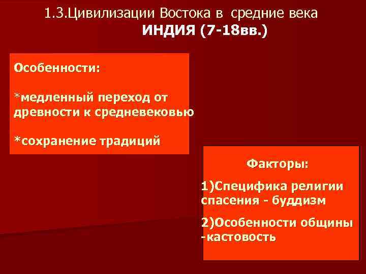 1. 3. Цивилизации Востока в средние века ИНДИЯ (7 -18 вв. ) Особенности: *медленный