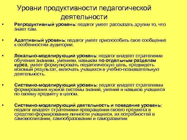 Уровни продуктивности педагогической деятельности • Репродуктивный уровень: педагог умеет рассказать другим то, что знает