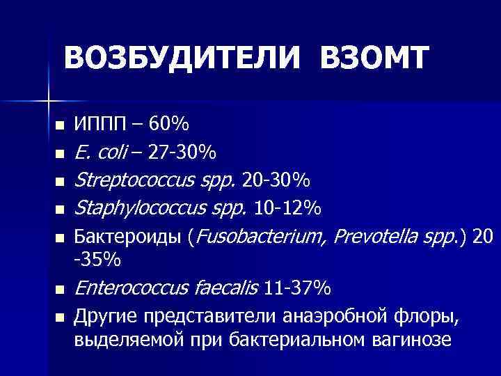 ВОЗБУДИТЕЛИ ВЗОМТ n n n ИППП – 60% E. coli – 27 -30% Streptococcus