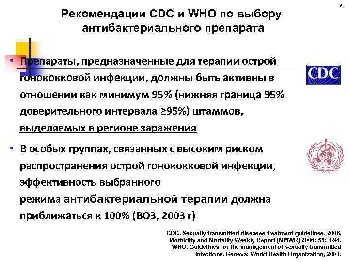 Рекомендации CDC и WHO по выбору антибактериального препарата 6 • Препараты, предназначенные для терапии