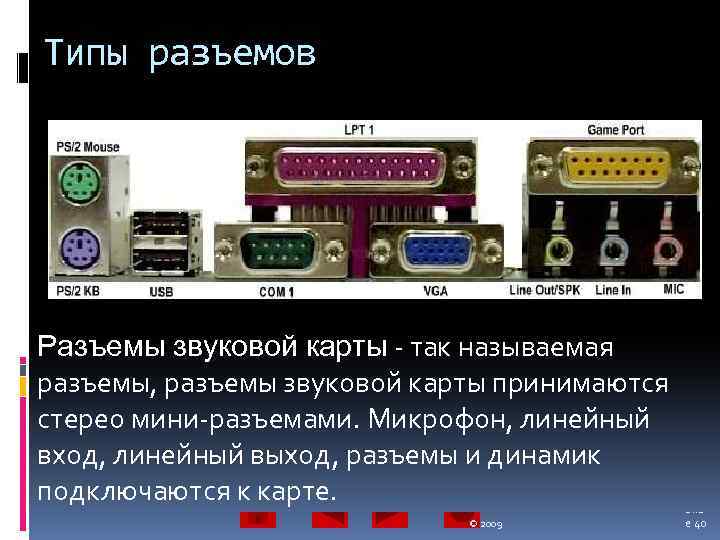 Типы разъемов Разъемы звуковой карты - так называемая разъемы, разъемы звуковой карты принимаются Game