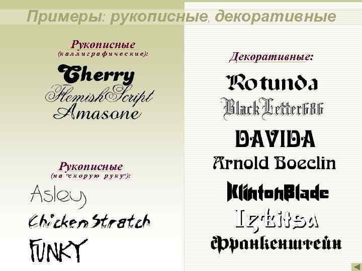 Примеры: рукописные, декоративные Рукописные (к а л л и г р а ф и
