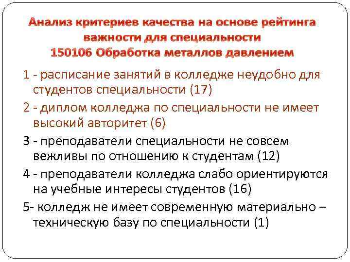 1 - расписание занятий в колледже неудобно для студентов специальности (17) 2 - диплом