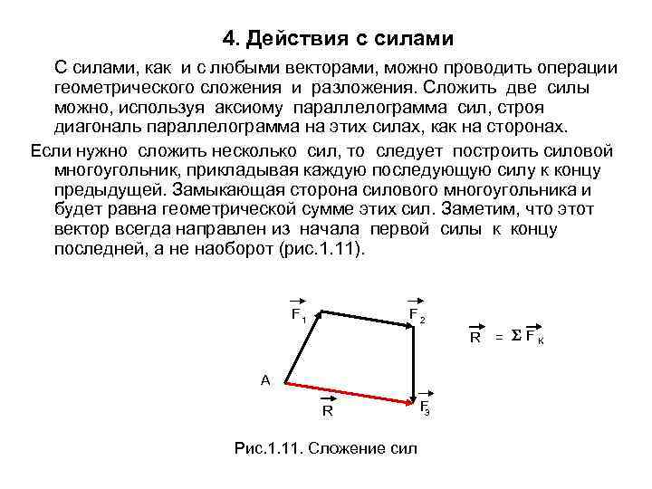 4. Действия с силами С силами, как и с любыми векторами, можно проводить операции