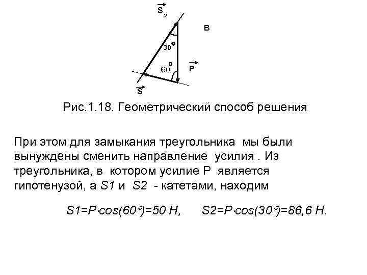 S 2 B 30 60 P S Рис. 1. 18. Геометрический способ решения При