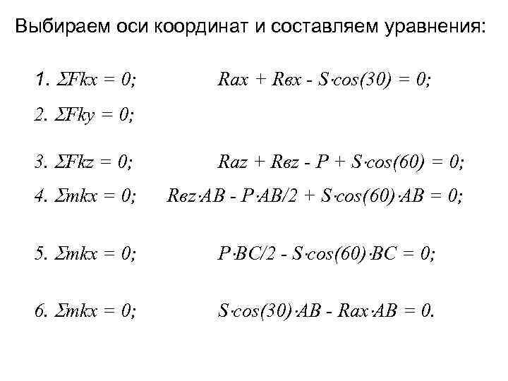 Выбираем оси координат и составляем уравнения: 1. Fkx = 0; Rax + Rвх -