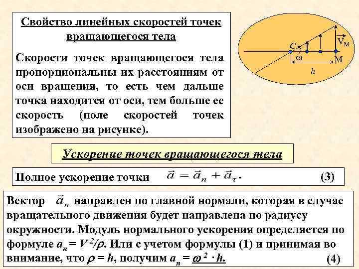 Свойство линейных скоростей точек вращающегося тела Скорости точек вращающегося тела пропорциональны их расстояниям от