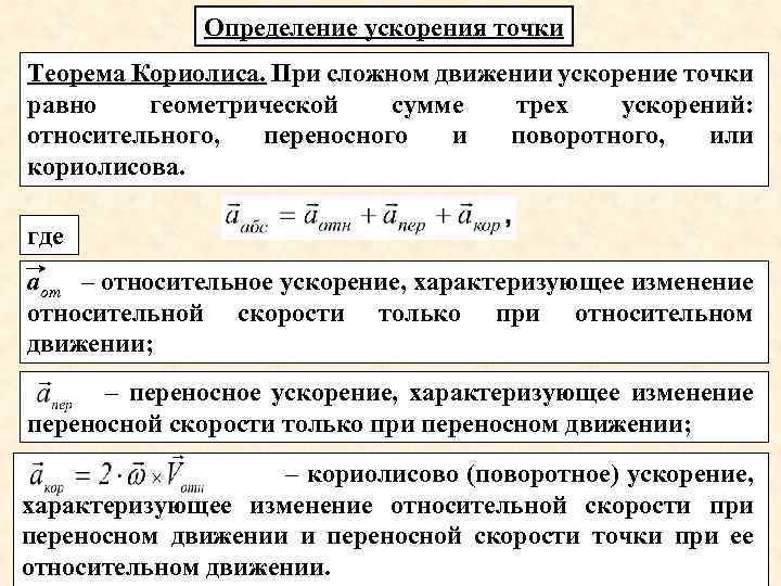 Определение ускорения точки Теорема Кориолиса. При сложном движении ускорение точки равно геометрической сумме трех