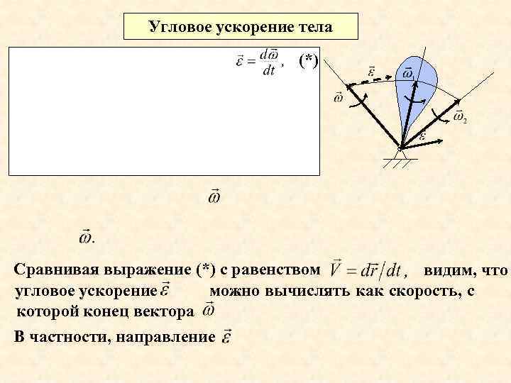 Угловое ускорение тела (*) Сравнивая выражение (*) с равенством видим, что угловое ускорение можно