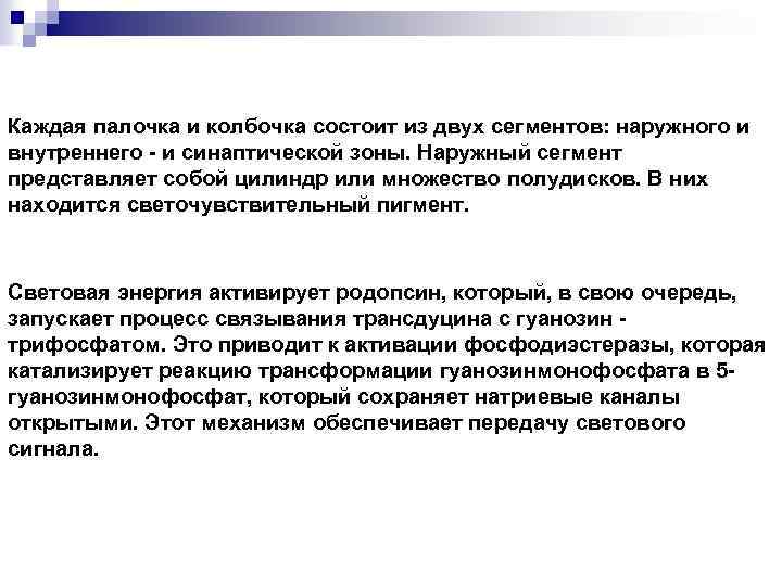 Каждая палочка и колбочка состоит из двух сегментов: наружного и внутреннего - и синаптической
