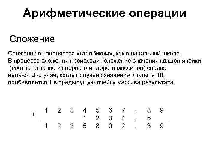Арифметические операции Сложение выполняется «столбиком» , как в начальной школе. В процессе сложения происходит