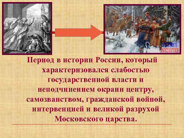 Период в истории России, который характеризовался слабостью государственной власти и неподчинением окраин центру, самозванством,