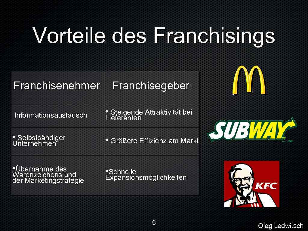 Vorteile des Franchisings Franchisenehmer: Franchisegeber: Informationsaustausch • Steigende Attraktivität bei • Selbstsändiger Unternehmen •
